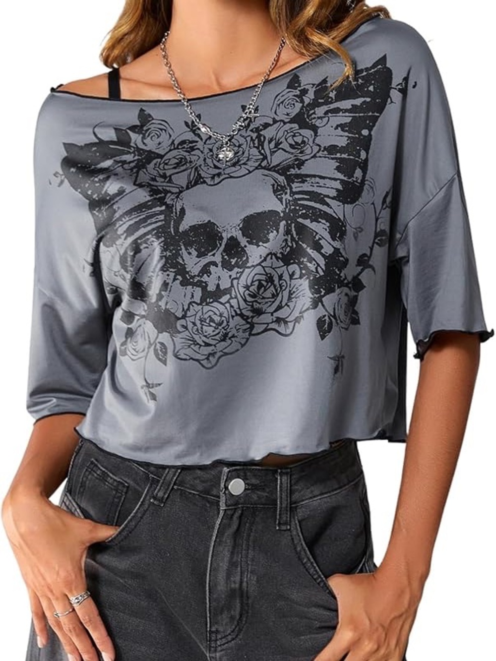 Skull Rose Graphic Oversized Crop Top - Picture 9 of 11